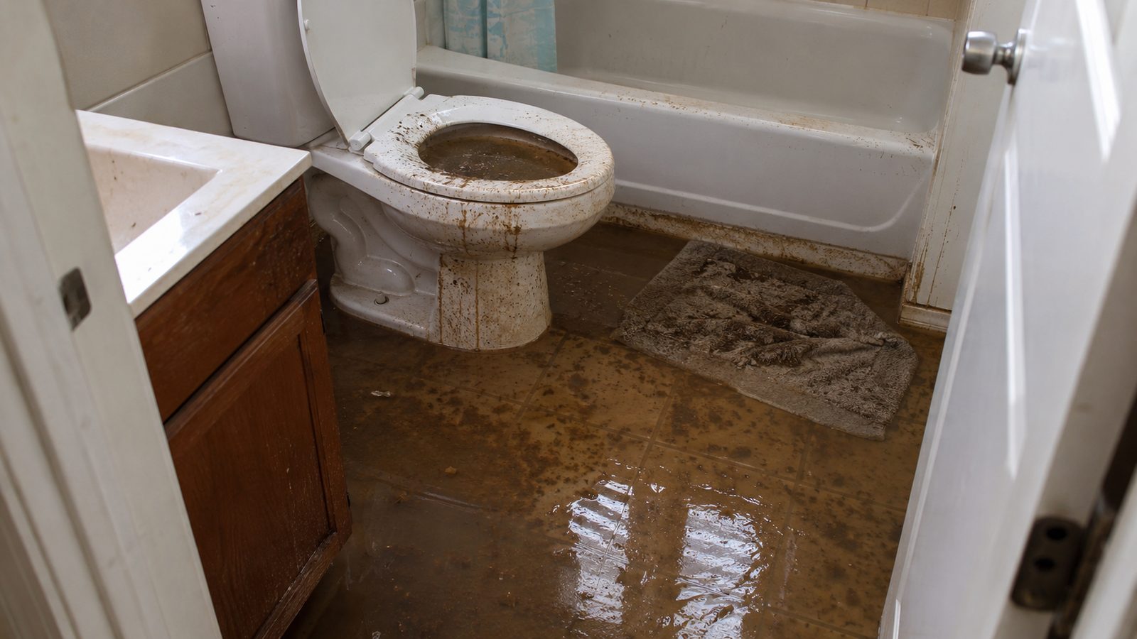 Bathroom floor covered in standing water after a sewage backup, with staining across the tile, tub, and toilet base.